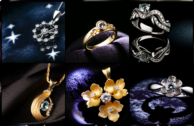 AIが生成したジュエリーデザイン例 - リング、ネックレス、ブローチなど6点
