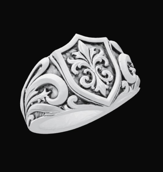 Sample design: sterling silver signet ring with a shield, fleur-de-lis and scrollwork in relief
